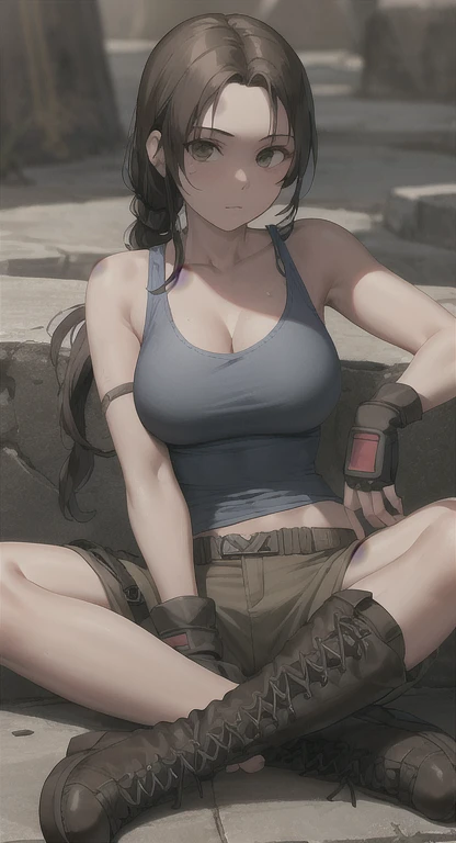 Nico Robin, natural lighting, masterpiece, highly detailed, illustration, game CG, absurdres, high quality, aichan, large breasts, beautiful detailed eyes, short, (tape gag), (tape bound), (arms bound), (legs bound:1.2), eyes wide, shocked, surprised, collarbone, sitting, (knees bent), Nico Robin has a huge ass, Nico Robin is Nude, mirajane has huge tits