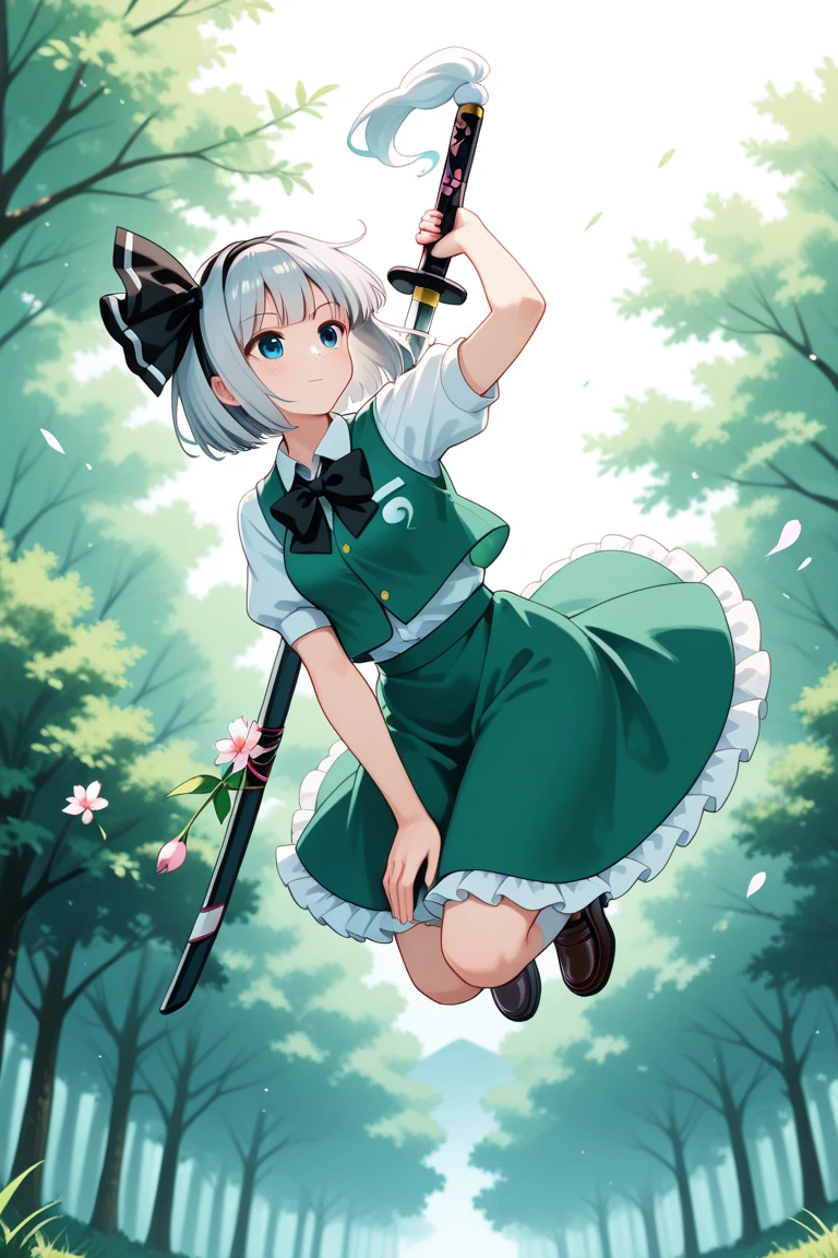 a teenage girl, temple guard, long white albino hair, her glitter green eye, she wears a white button-down blouse, underneath a short green button-down vest, a dark green maxi skirt with a black heel, carries a transparent katana. 