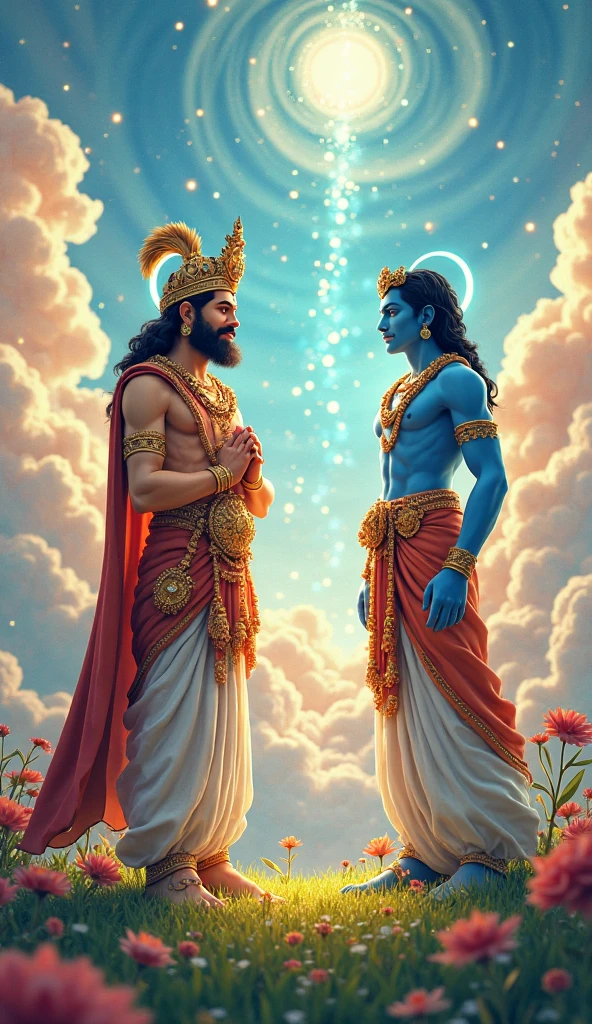 ((Shri krishna in his best ancient Hindu warrior attire in his universe form giving knowledge of Geeta to Arjun, Arjun is the greatest warrior in the world in his warrior attire like one of ancient Hindu warriors with his bow, bow is very powerful,