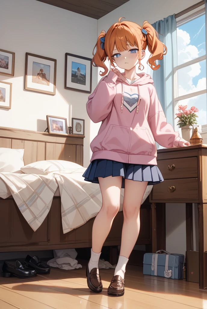 (The ultimate masterpiece), (Ultra HD), (Ultra-fine), High resolution, Ultimate beauty, High chroma, vivid,Girl,(pretty girl), Thighs, (cardigan), (skirt), Super Smile, Red hair,ショートBob，(Bob),Red Eyes ,Small breasts, Cute room，put one&#39;s hand between one&#39;s thighs