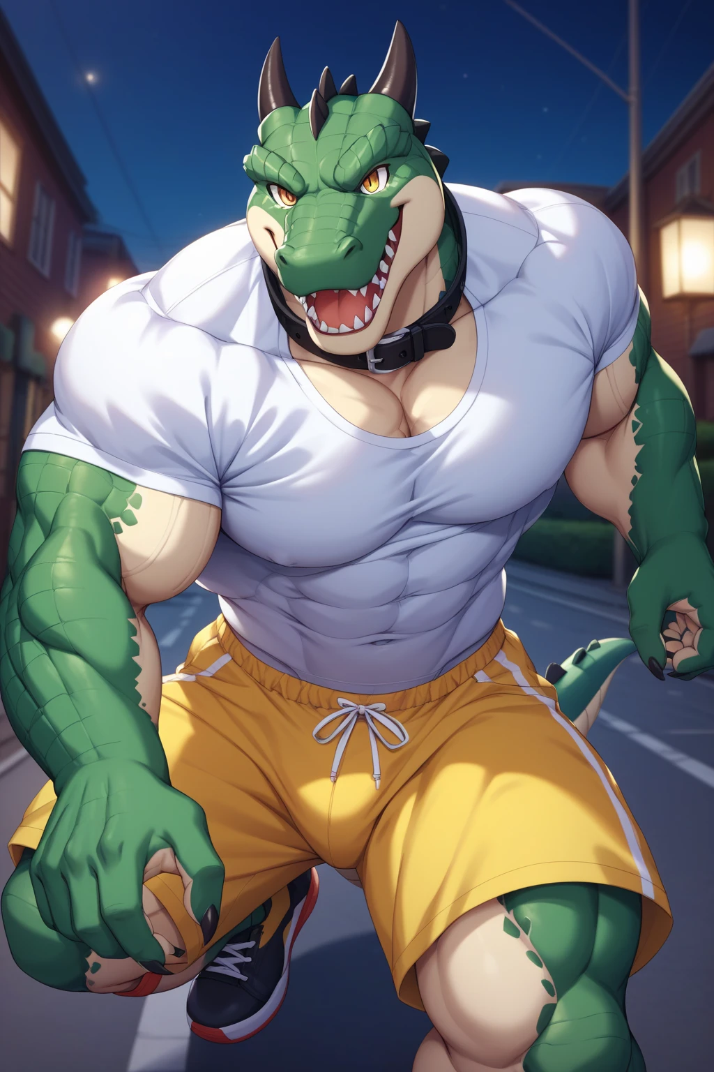 (ultra detailed), a beautiful and detailed full size portrait of a male anthro white alligator, alligatorid, crocodilian, kaiju, reptile, scalie (((white body, white skin))), yellow eyes, lizard eyes, bedroom eyes, High Dynamic Range, cinematic shot, detailed eyes, big body goddess, kenket, Ross Tran,ruan jia, trending on artstation,foxovh, white spikes, cenematic lighting, (half-body shot:1.2), muscular anthro (((big pecs, buff, strong, spike arms))), looking at viewer, standing, front view, covering crotch, blush (((black underwear, big bulge)), full body, smile, mango trees, stone wall, distant water, detailed background,