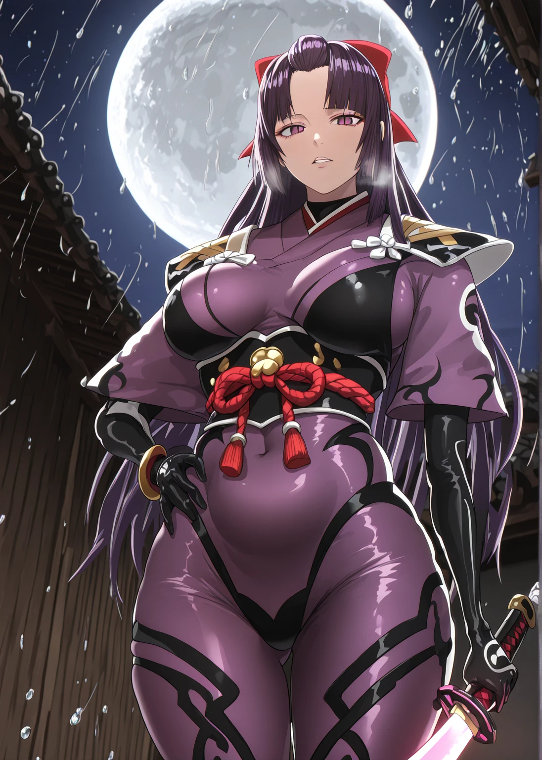 Babu-style, (minami_koyogi-style:1.4), (ao_banana-style:0.8), ((anatomical correct)), ((Cinematic, unreal engine, eye-catching, ambient occlusion, UHD, masterpiece)), ((perfect lighting)), perfect body, perfect eyes, perfect fingers, gasping, heavy breathing, gasping profusely, ((skindentation)), ((curvy)), SHIKOKU_(MATO_SEIHEI_NO_SLAVE), purple hair, purple eyes, slit pupils, long hair, hair bow, red bow, parted bangs, ribbon trim, half updo hair, bangs_pinned_back, straight hair, ((medium breasts)), plump, 1girl, breasts, moon, bodysuit, solo, full moon, glowing sword, sword, night, gloves, covered navel, looking at viewer, purple bodysuit, black gloves, rope, parted lips, skin tight, armor, night sky, hand on own hip, moonlight, sky, planted, outdoors, elbow gloves, water drop,