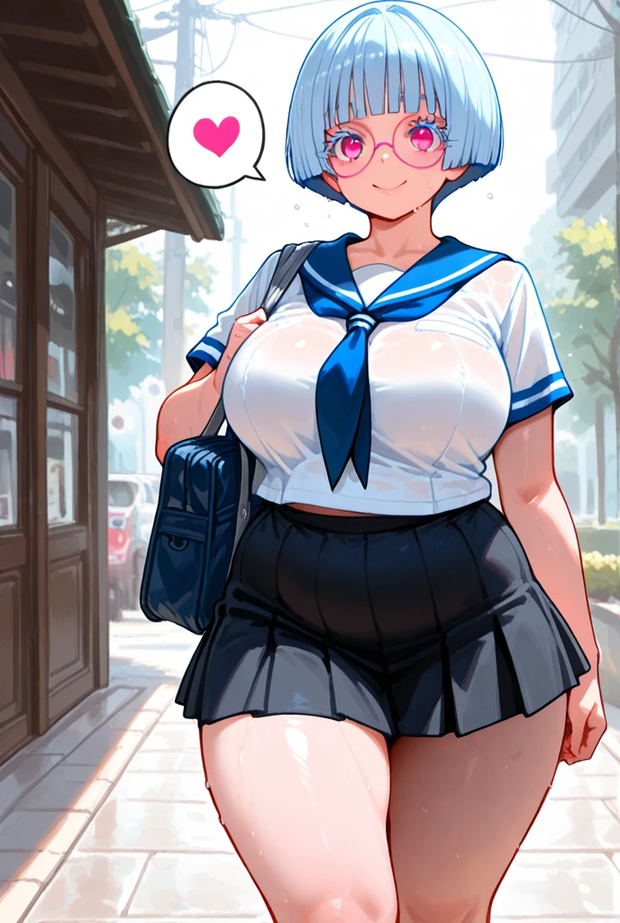masterpiece, Highest quality, so beautiful, Absurd, up to date,One girl,Cowboy Shot, (Contempt, Disgust,View your viewers),(From below,Hold down the skirt, Roll up your skirt,panties),,Bobcut Girl,Light blue hair, Grey Eyes, Large Breasts, Thin, sheer clothes, heart, White socks,Nipples,No panties,In public