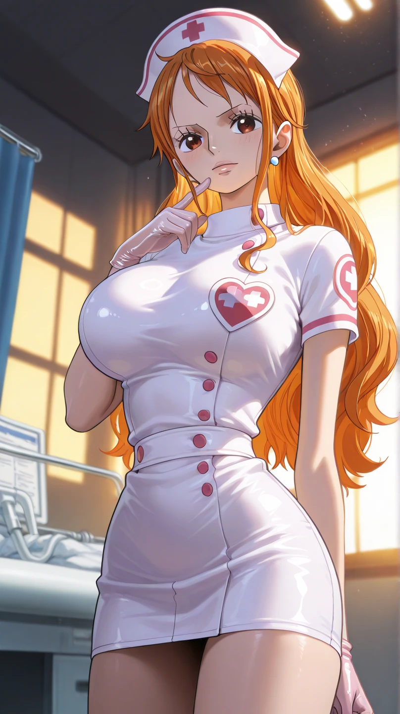 Raphtalia woman 35 years old straight orange hair , bear ears redondeadas, red eyes like ruby., flirtatious smile, pale skin, big breasts, modern urban clothing, neckline, White and red, pink belt, , bear ears, , background of a japanese garden, cherry trees. perfect hands.
