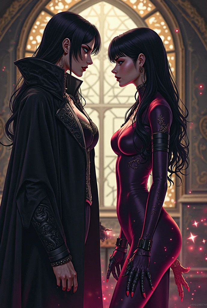 titans raven with red colors with horns and red eyes, casting shadows with a scepter. He has medium hair and pale white skin.. His full body is shown. And he's fighting America's female hero., with long black curly hair and a blue suit, The heroine is winning the battle, the heroine is much more powerful and bigger