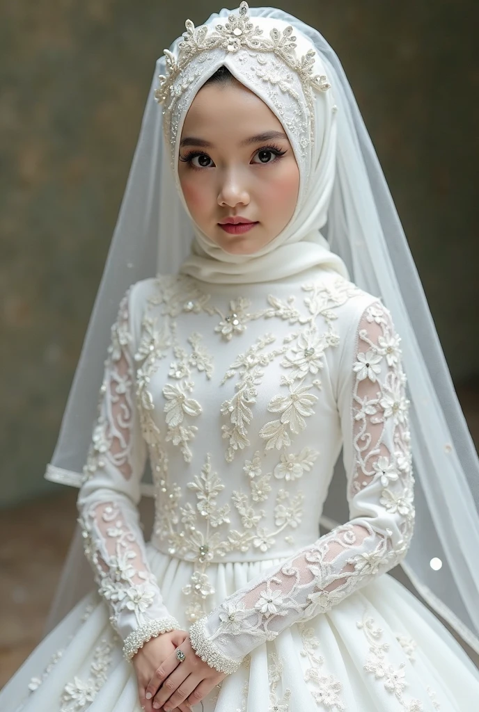 1girl, beautiful, asian girl. wearing white hijab, <lora:Muslim_Bridal:1>, wearing white muslim bridal dress, medium shapely breasts, <lora:breastsizeslideroffset:0.4>, (photo realistic, top quality, masterpiece, best quality, high resolution, ultra details, extreme quality, sharp focus, soft lighting, dim lighting, best quality, hyper detailed: 1.69)