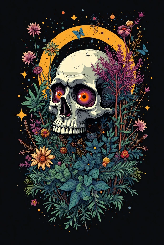 By (dan mumford: 1.4)A detailed illustration of a Dead Skull, T-shirt design, flower splash, T-shirt design, Studio Ghibli style, pastel tetradic colors, beautiful and quirky, fantasy art, watercolor effect, bokeh, Adobe Illustrator, hand drawn, digital painting, low-poly, soft lighting, panoramic view, retro aesthetic, character-focused, 4K resolution