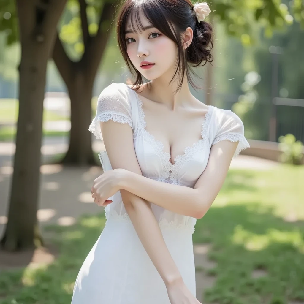 ,masutepiece, Best Quality,8K, 超A high resolution,Real Lights and Shadows,Cinema Lens,(beautidful eyes:1.1), ((中景 the scene is,The upper part of the body)),dynamicposes,In green meadows,The gentle goddess came with gentle steps。She wore a white dress,the breeze blows,Skirt dances lightly。The sun was shining through the leaves of her hair,Reflecting her clear eyes and gentle smile。Colorful butterflies flutter around her,A flower bloomed at her feet,It was as if nature was cheering her on,Colossal tits,cleavage,Lace