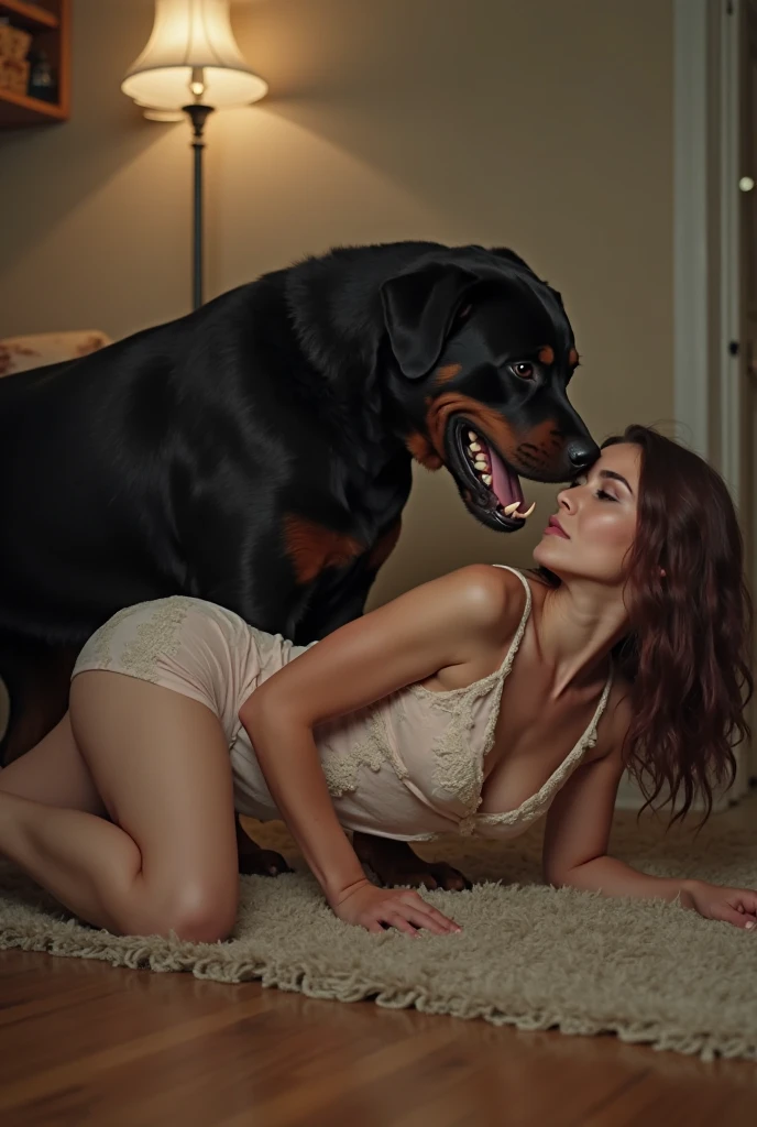 **NSFW (nude) (Nami ((human)) large breasts, strip of pubic hair) rear view, fucking male Rottweiler with knotted penis, full body, on a deserted beach