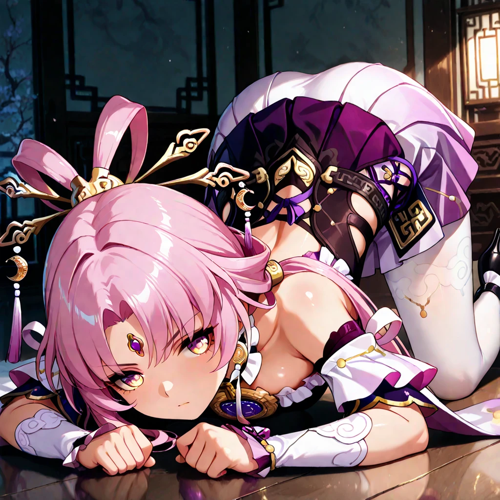 ((Obra maestra, La mejor calidad, High resolution, absurdos, Ultra detallado)), adorno para el cabello, purple hair, , Piernas arriba, pie, Enfoque del pie, Suelas, Contrata, boca abierta