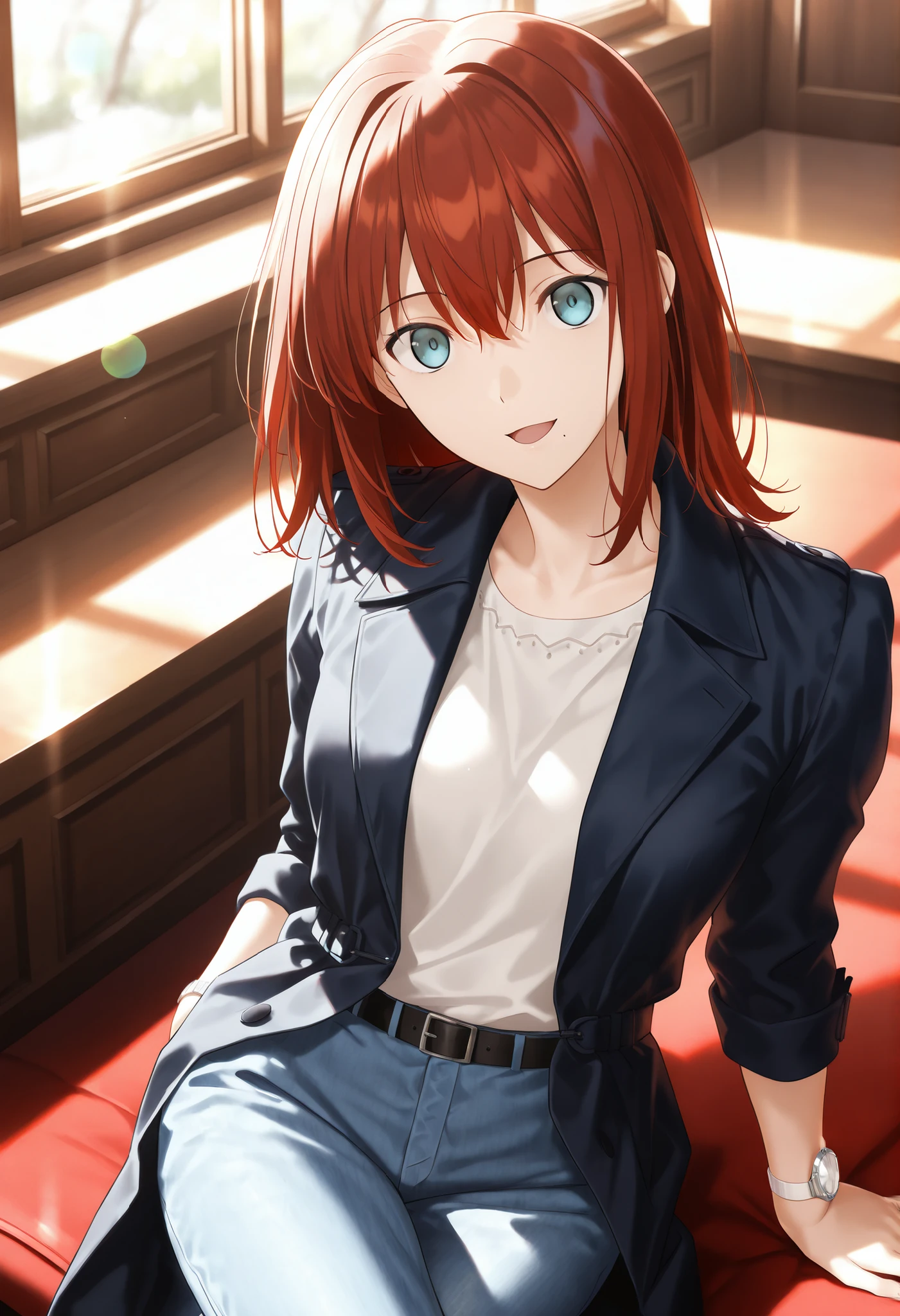 masterpiece, , absurdres, highres, detailed background, high resolution, masterpiece, necessary, detail, best quality, quality, necessary, details, High details, Precise, indoors, university, (dappled sunlight), day, lens flare, blurry background, (from above), solo, ,
1girl, , (type-moon,) style, koyama hirokazu style, ,,upturned eyes, shiny skin, mole under mouth, ,(head tilt), sitting, light smile ,one wrist watch, ,
tall girl, mature, slim body, slender body, brown red hair, medium hair, light blue eyes, , flat chest, hair between eyes, , ((dark blue trench coat, front full open coat)) , in high neck knit , long sleeve, long denim pants, crossed legs , looking at viewer, light open mouth, (aged up:1.5), ,