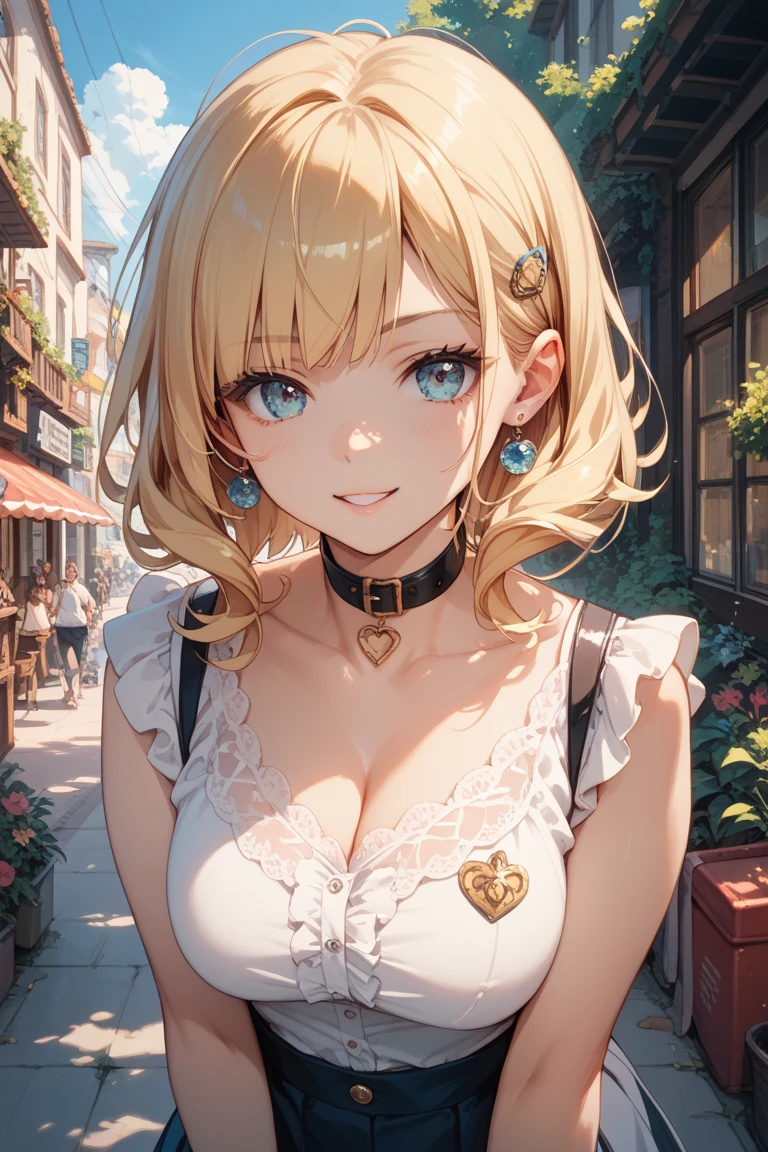 1 girl,blonde hair,bob,Patsun bangs,purple eyes,shaped pupils,big breasts,big breasts,cute,smile,Happy,blush,heavy breathing,trembling,put your hand on your face,crop top,choker,outside at noon