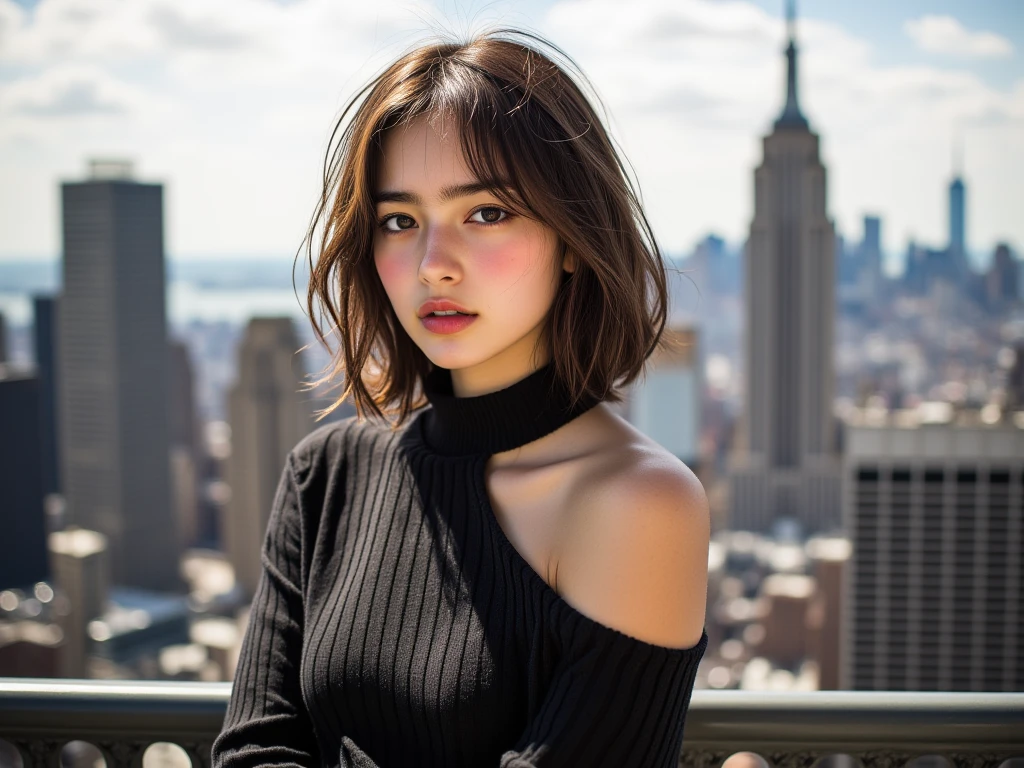 shopping street、Public places、、(disheveled extra fluffy pixie cut:1.2)、8K、Raw photography。top-quality、hightquality、Extreme Detail Photography、Eye for extreme detail、Super Detail Face、Hair in super detail、Super detail body、(Photography Lighting:1.3)、1girl in、The face is about 25 years old.、Puffy eyes、Eyes in good shape。Brown-eyed、dark brown short hair、good lips,Natural makeup、Raw photo, Best Quality, masutepiece, ultra-detailliert, 超A high resolution, Realistic, (pastel color off-shoulder dress:1.2)、(detailed fabrics:1.3), cleft chin, (slanted eyes), (windsor glassses:1.2), (crooked tooth:1.2), smiling widely,cleavage,(no bra:1.2),