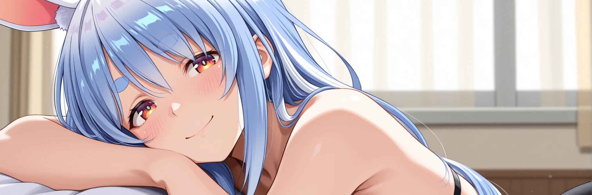 1 girl,,IN THE BEDROOM,long hair,blue hair,purple eyes,twintails,sucking penis,blowjob,oral,purple bikini,from below,disgust,shadow over the eyes,