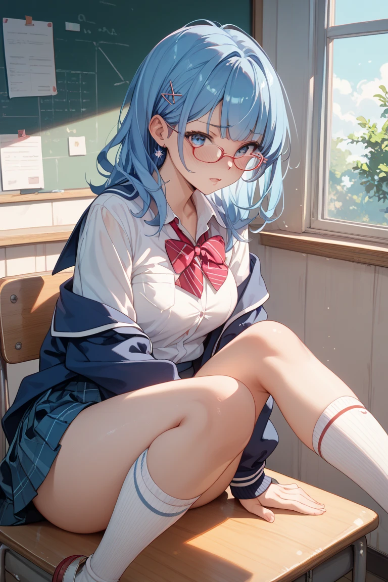 Girl with light blue hair、anime illustrated、Bookstore clerk、eyes large、kawaii、knights、blushing、Wearing knee-highs、Looking here、