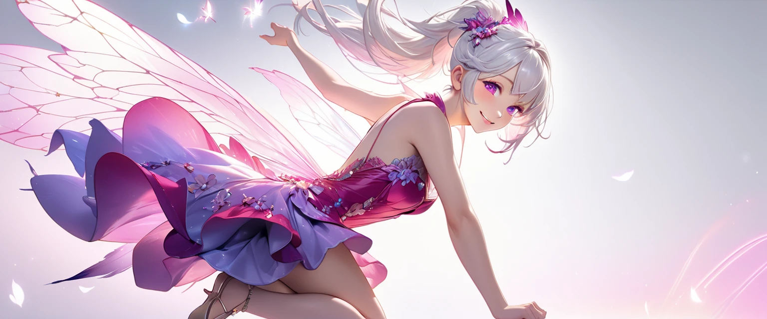 platinum tone、((masterpiece)))、(((top-quality)))、((ultra-detailliert))、(highly detailed CGillustration)、flower fairy princess、gorgeous dress、Solo with beautiful petals dancing、Perfect Angle、perfect-composition、dynamicposes、perfectly beautiful face、full-body view、 Floral Dresses、Detailed eyes、adorable smiling