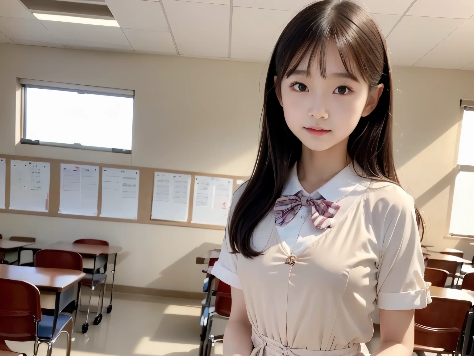 Pure cute Love to smile Head up White dress in classroom Sitting on a bench