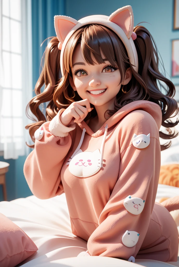 woman, adult age Mabel Pines, solo, long hair flowing in soft curls, brown hair, hairband adorned with a small, unique charm, wearing a cozy sweater, shy smile, cheeks slightly flushed with blush, full body shot, breasts subtly visible, showcasing a playful and endearing charm, detailed background bedroom, sunlight filtering through the window, a sense of whimsy and wonder pervading the scene. Highly detailed facial features, realistic skin texture, bright and expressive eyes, (((magenta sweater with a shooting star print))), purple lace panties, lying on back on bed, fingers caressing pussy, (((laying down on back)))