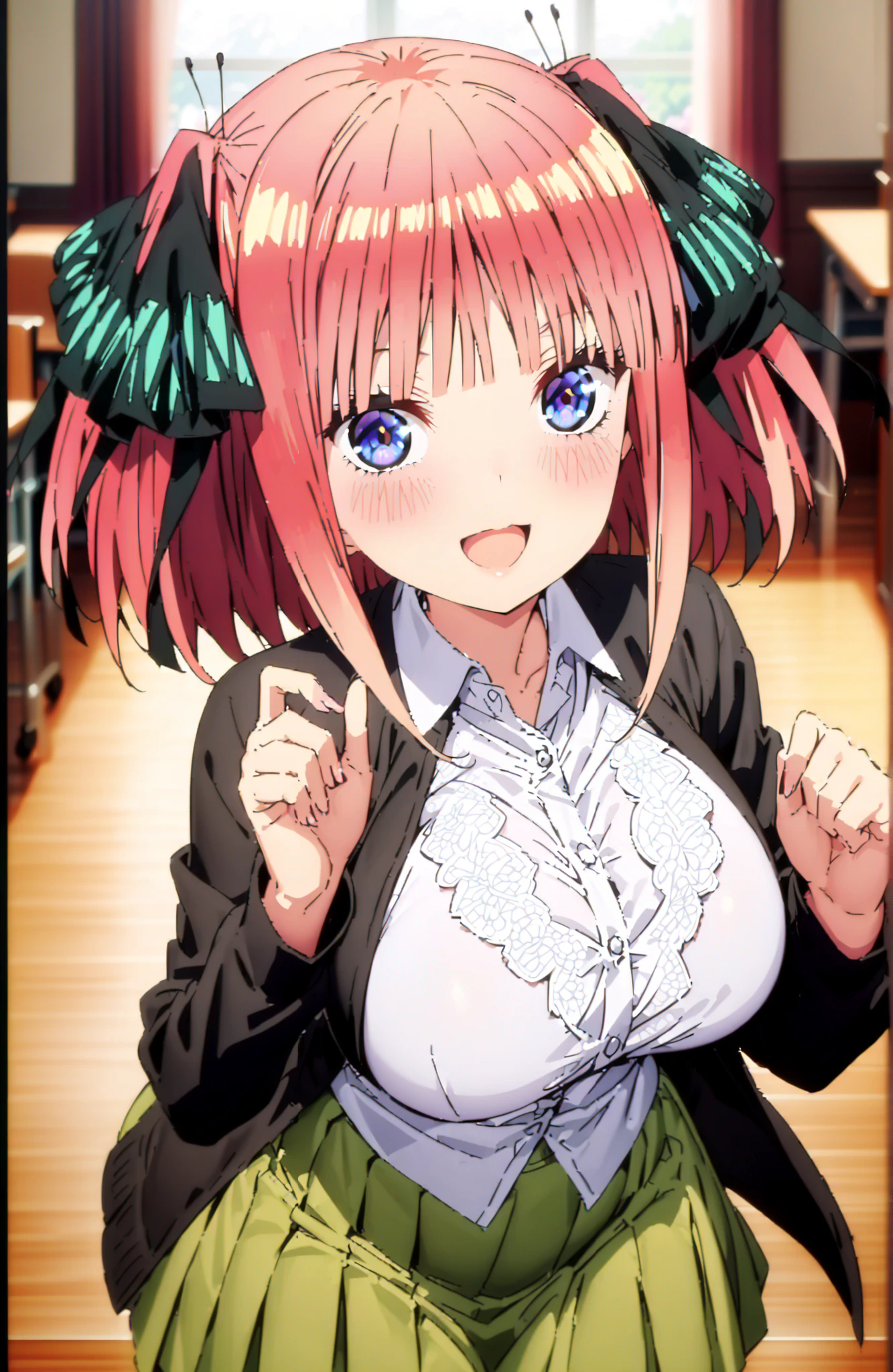 score_9, score_8_up, score_7_up, source_anime, Nijino Nino , smile,blush,open your mouth,short hair,, bungs, blue eyes, hair ornament that grabs Narmaya's chest, hair bow, pink hair, blunt bungs, Big Breasts,ツーサイドup, butterfly hair ornament that grabs Narmaya's chest,in their 40s skirt, shirt, long sleeve, white shirt, pleated skirt, Open clothes, collared shirt, sleeves go past wrists, dress shirt, cardigan, Green Skirt, open cardigan, black cardigan,white thigh high socks,I'm holding a purple bouquet with both arms,angle to braid bangs from above, Flower blowing snow,curtains,window, Beautiful Streetscapes,
in their 40s indoors, Classroom,
in their 40s looking at viewer,
in their 40s (masterpiece:1.2), Highest Quality, high resolution, Unity 8k Wallpaper, (Illustrations:0.8), (beautifully detailed eyes:1.6), very detailed face, perfect lighting, very detailed CG, (perfect hand in h, perfect anatomy),