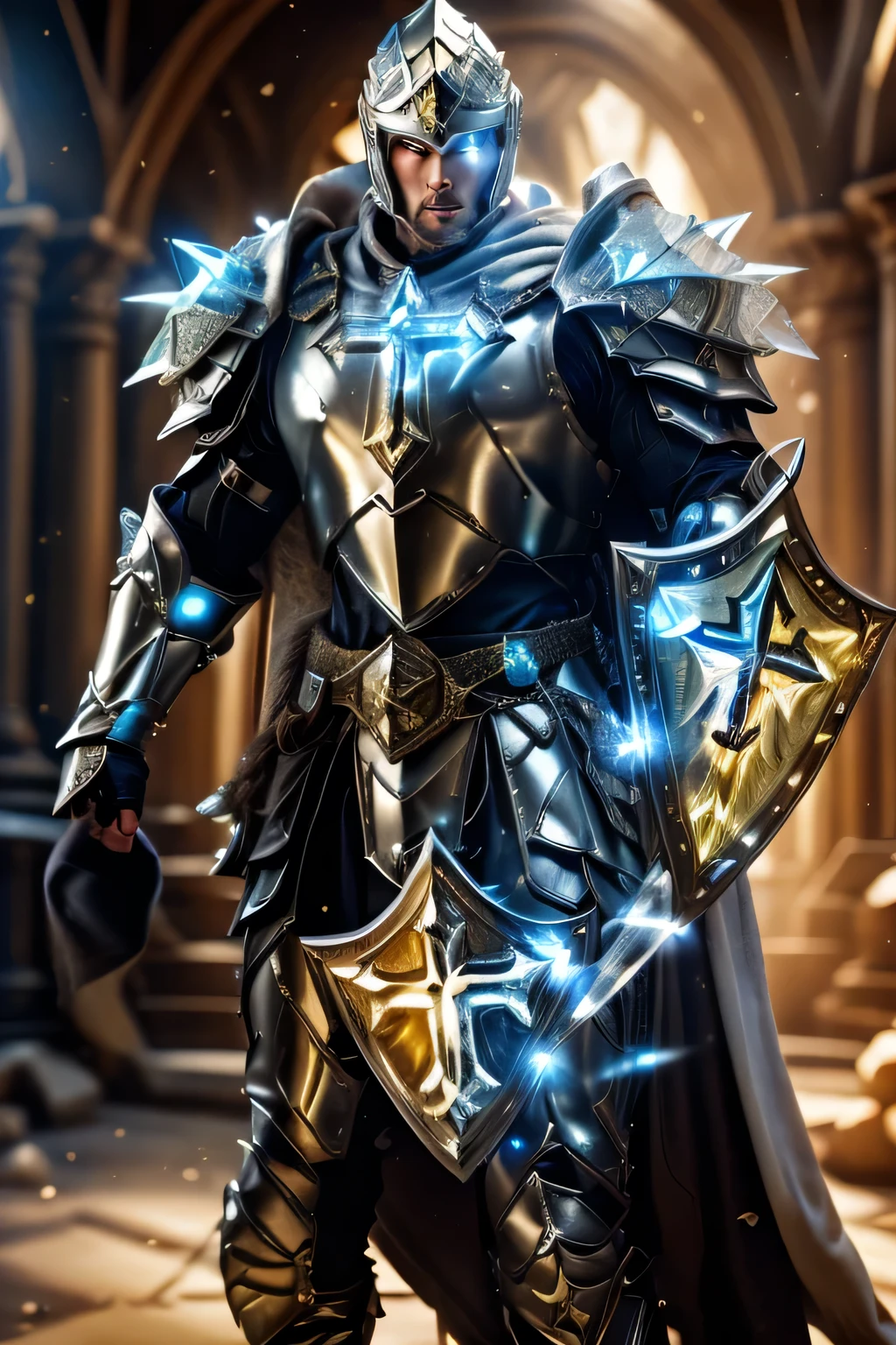 realistic, 8k, (masterpiece), (best quality), cinematic, dynamic lighting, soft shadow, highest detail, professional photography, detailed background, depth of field, insane details, finely detailed, (intricate details), aesthetic, detailed face, subsurface scattering, realistic hair, realistic eyes, muscular, photo of a handsome (swedish man), crystal4rmor, wearing crystal paladin armor, glowing, dynamic pose, fighting stance, fantasy background, holding shield, cross, helmet, cape,