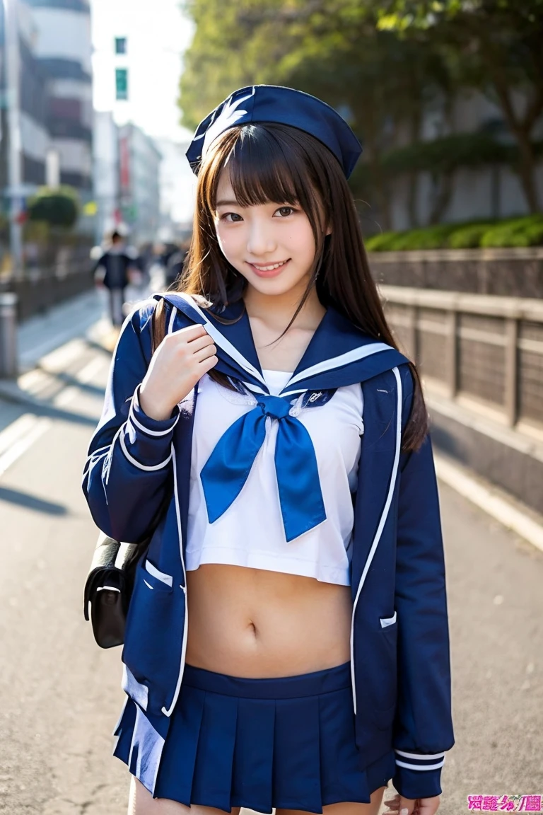 Bright smile、((white  panties))、Colossal tits、(((North Cart)))、White underwear、piece sign、Navel show、lowrise、shortsleeves、(Navy blue sailor suit)、(Side tail hair)、In the street