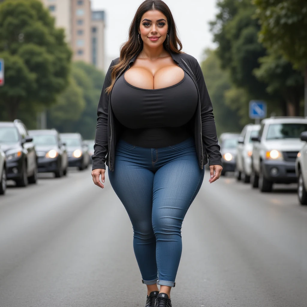 A 40 years old woman, walking in the street in a modern city, Face like Demi Moore, wearing a tank top and jeans trousers, slim waist, slim legs, high heels, extremely huge saggy breasts, (full person view, from head to toe), smiling at me