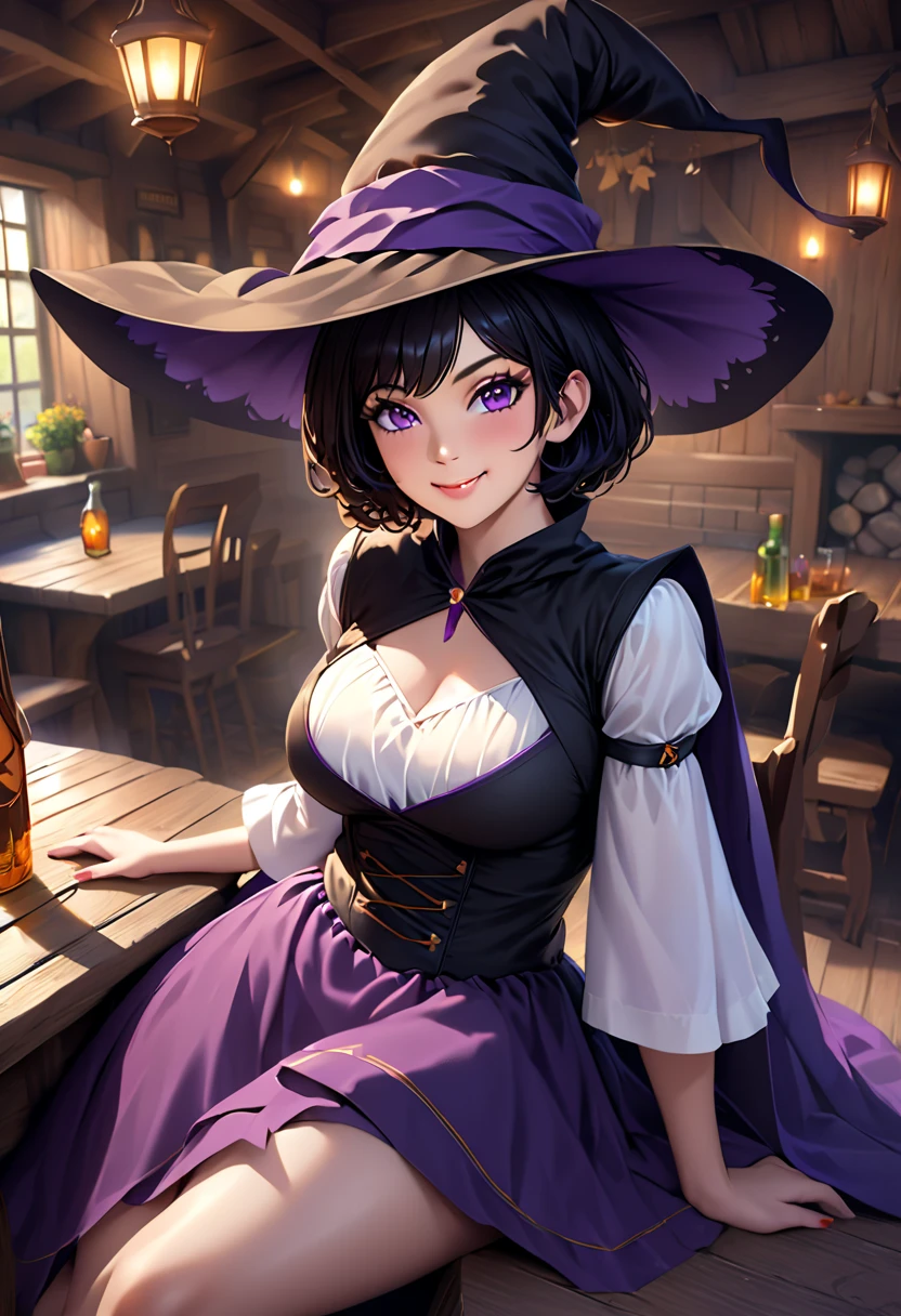 beautiful witch, short black hair, purple eyes, Large bust, Dressed in witch clothes, Smiling while sitting in a bistro, actual, Full HD, best quality
