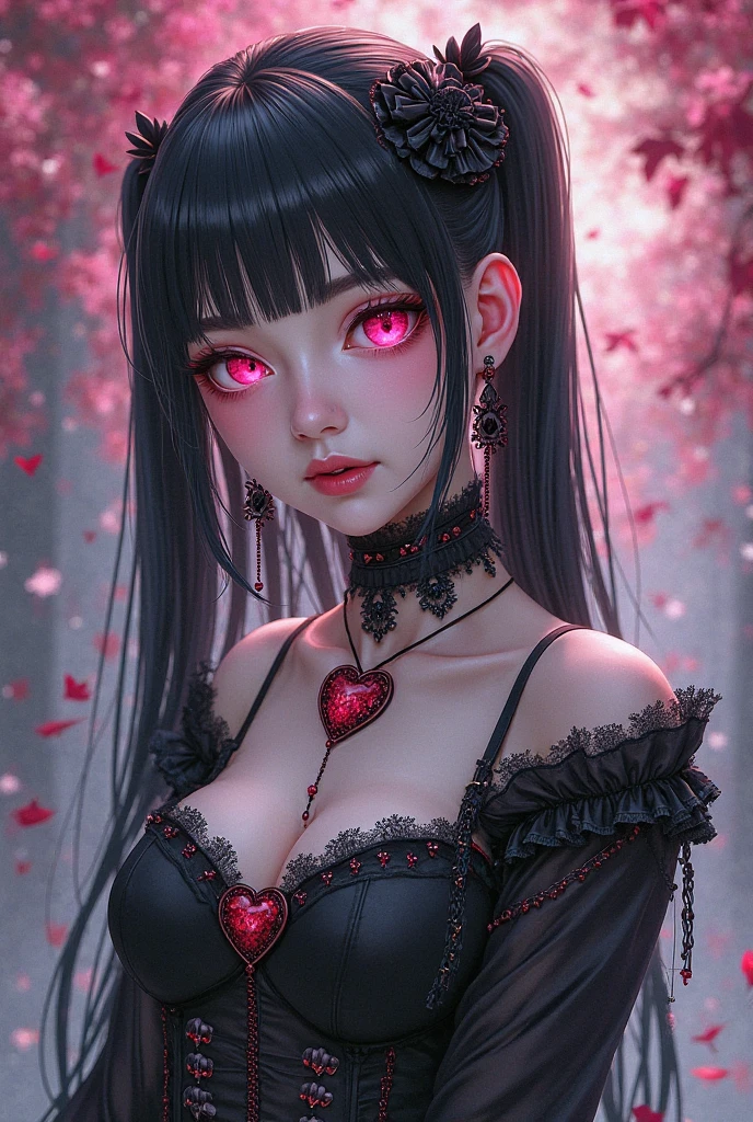 Lusty anime girl, love look, bright makeup, gaze full of love, latex dress , goth look, collar with spikes, Nero ears