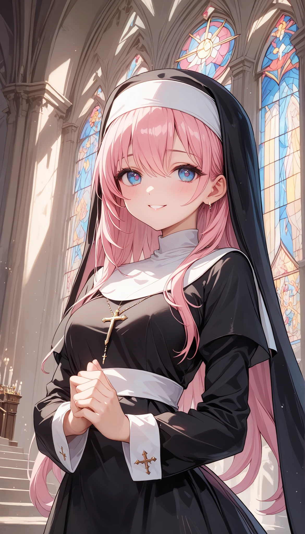 (((Best quality, 8k, Masterpiece: 1.3)), ((best quality)), ((masterpiece)), (detailed), perfect face, perfect body, (detailed skin:1.3), (intricate details), Nun, black robe, pink hair, long hair, shiny hair, shy smile, Cathedral, stained glass, Sacred, serene