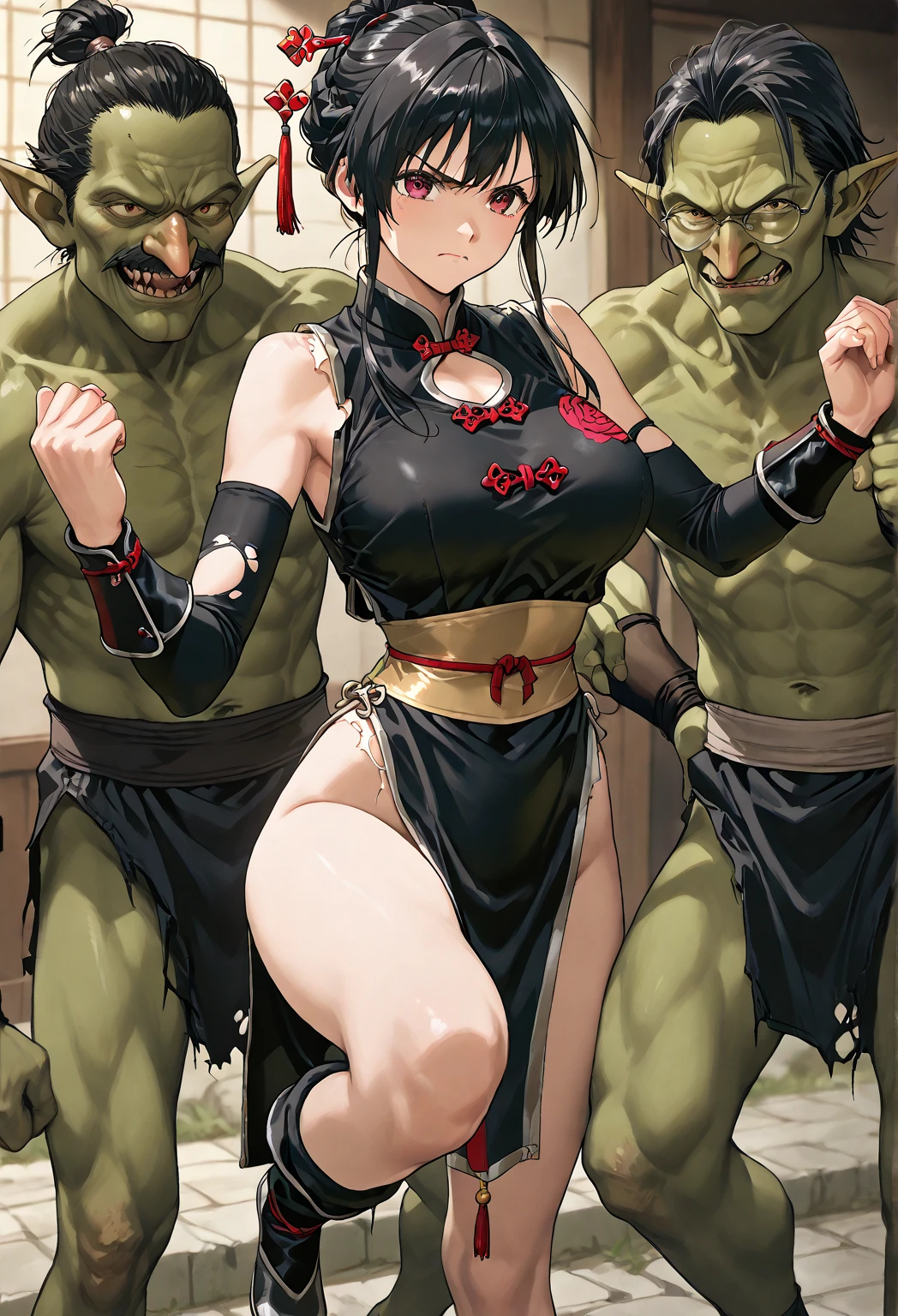masterpiece, (((goblinriding, a goblin is riding a girl))), goblin, mutiple goblins, goblins, (((all fours))), 1girl, (dress:1.1), (nose hook), reins, collar, chain, rope, obey, happy trance, smile, expressionless, emotionless, blank eyes, empty eyes, mind control, hair ornaments, long hair, black hair, hair ribbon, yellow eyes, Scarecrow, Girls' Frontline, medium breast, twin tails, Scarecrow, sangvis ferri, Gas Mask, SCARECROWGASMASK, goblin gangbang, huge penis, torn clothes, cave background, nipple priecing, ring piercing nipple