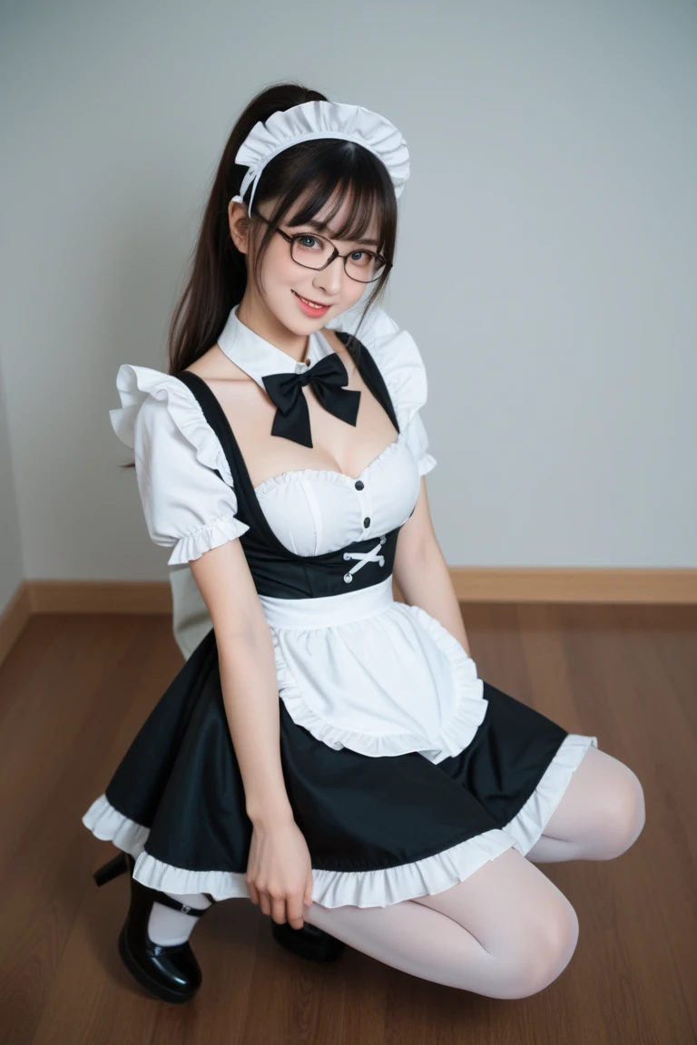 :02 A young girl in a maid outfit。The maid outfit has a large opening at the chest.、The girl has ample breasts。He wears monocle glasses and opera gloves.、Hands clasped in front。