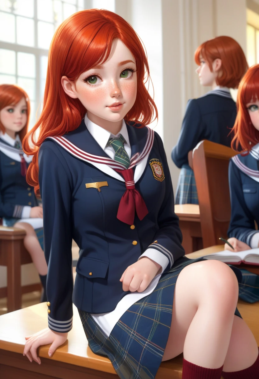 a girl in lobby library, full body, school uniform, red hair, detail eyes, realistic, long hair, raw photo