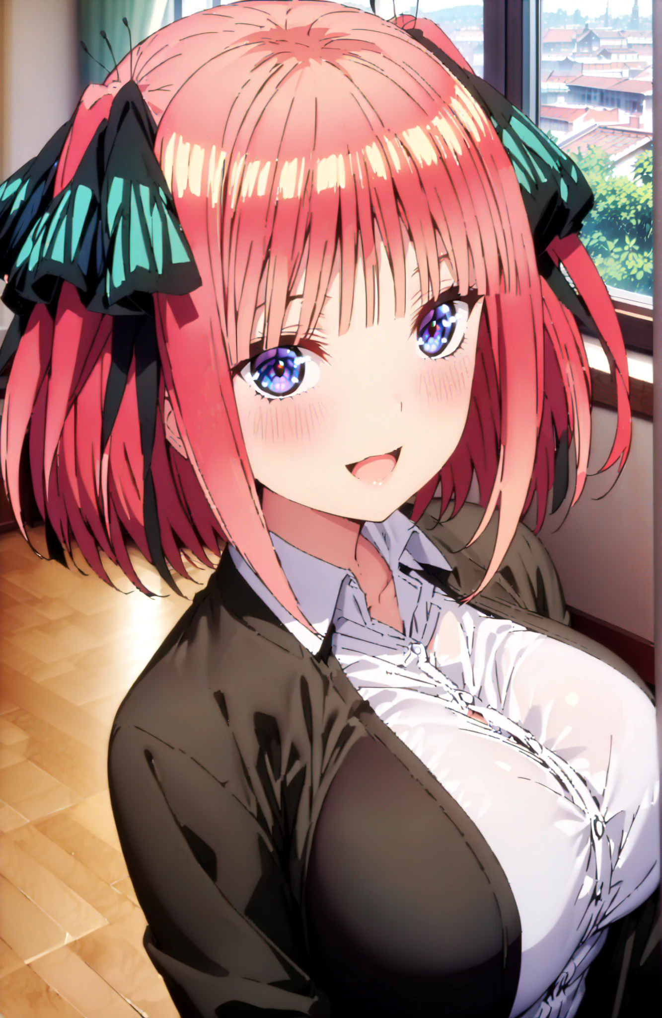 score_9, score_8_up, score_7_up, source_anime, Nijino Nino , smile,blush,open your mouth,short hair,, bungs, blue eyes, hair ornament that grabs Narmaya's chest, hair bow, pink hair, blunt bungs, Big Breasts,ツーサイドup, butterfly hair ornament that grabs Narmaya's chest,in their 40s skirt, shirt, long sleeve, white shirt, pleated skirt, Open clothes, collared shirt, sleeves go past wrists, dress shirt, cardigan, Green Skirt, open cardigan, black cardigan,white thigh high socks,I'm holding a purple bouquet with both arms,angle to braid bangs from above, Flower blowing snow,curtains,window, Beautiful Streetscapes,
in their 40s indoors, Classroom,
in their 40s looking at viewer,
in their 40s (masterpiece:1.2), Highest Quality, high resolution, Unity 8k Wallpaper, (Illustrations:0.8), (beautifully detailed eyes:1.6), very detailed face, perfect lighting, very detailed CG, (perfect hand in h, perfect anatomy),
