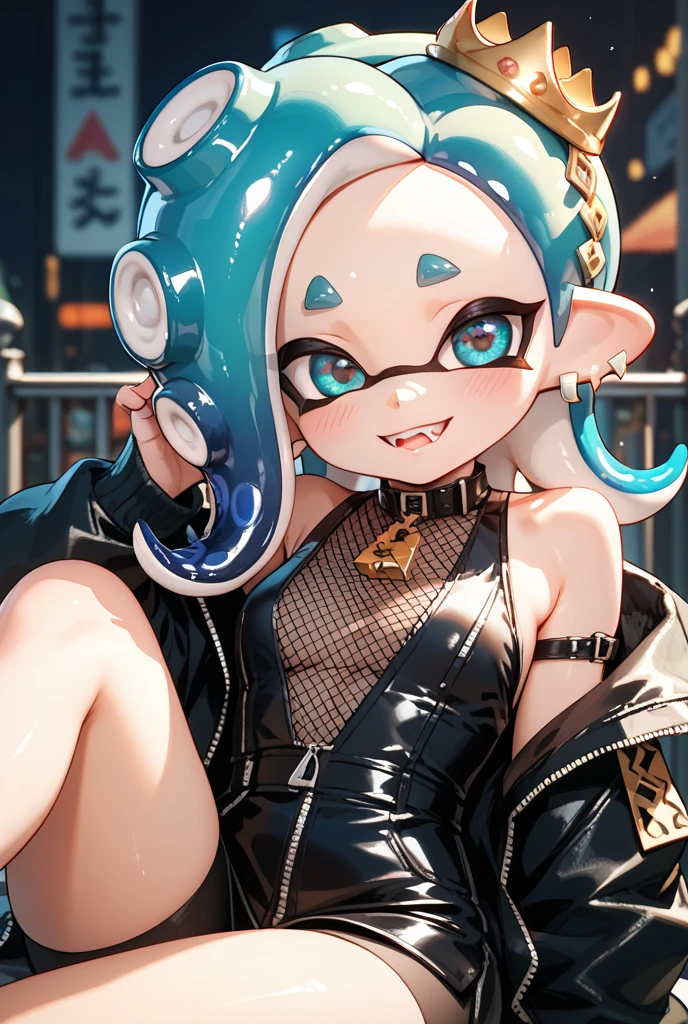 highest quality,3D, Best realistic animation,masterpiece,ray tracing, global illumination, gesture,Splatoon Girl, alone,looking at the viewer,outdoor,Wariza,saliva,verbal invitation、blush、sexy lobig and cute eyes、beautiful eyes、cheek、big breast