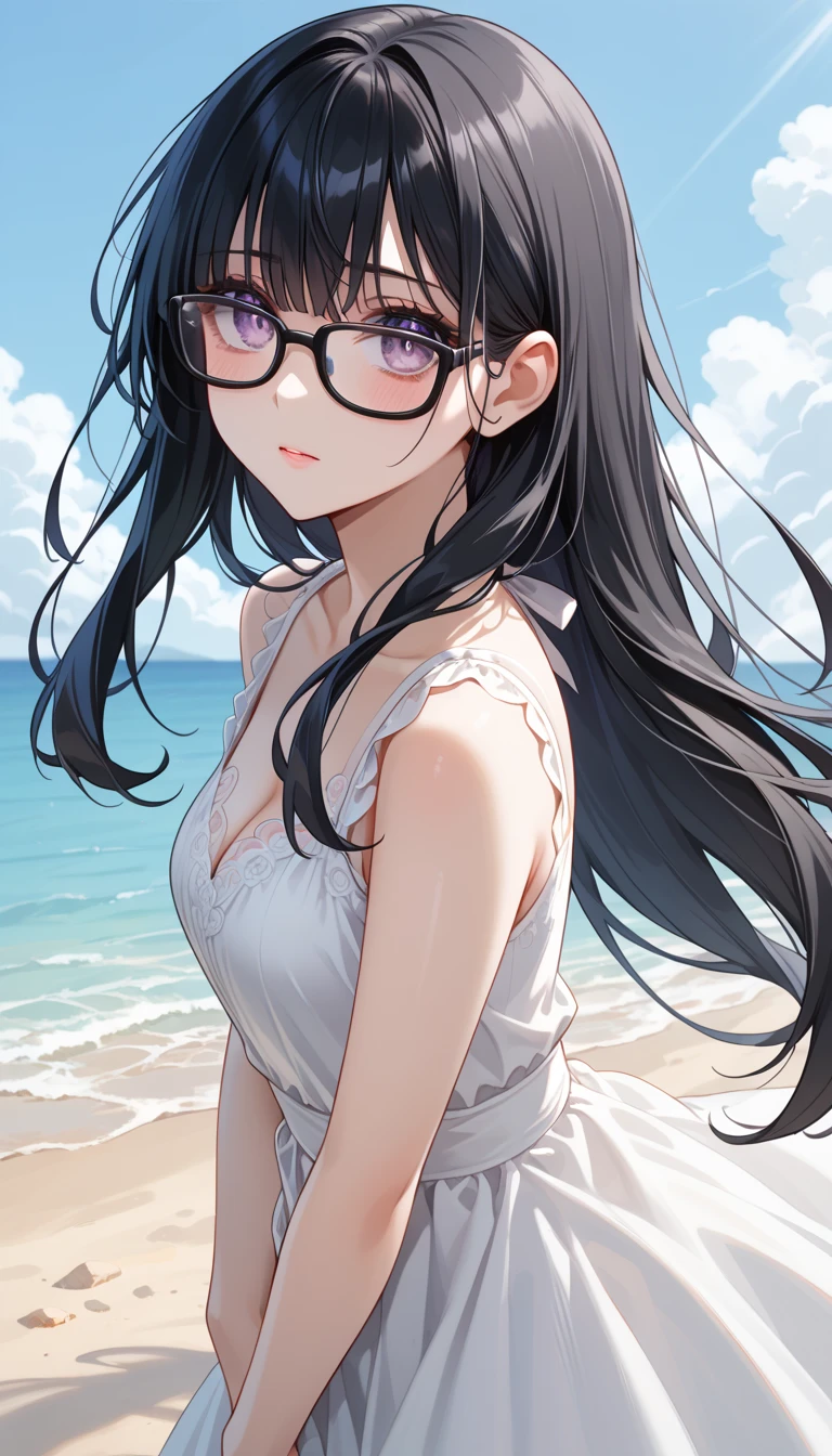 Highest quality、Ultra delicate、Black Hair、Long Hair、Adult-like round glasses、beautiful girl、17 years old、tall、Swimwear、Light clothing、Stylish、Embarrassed、((Grin))、Estrus、amour