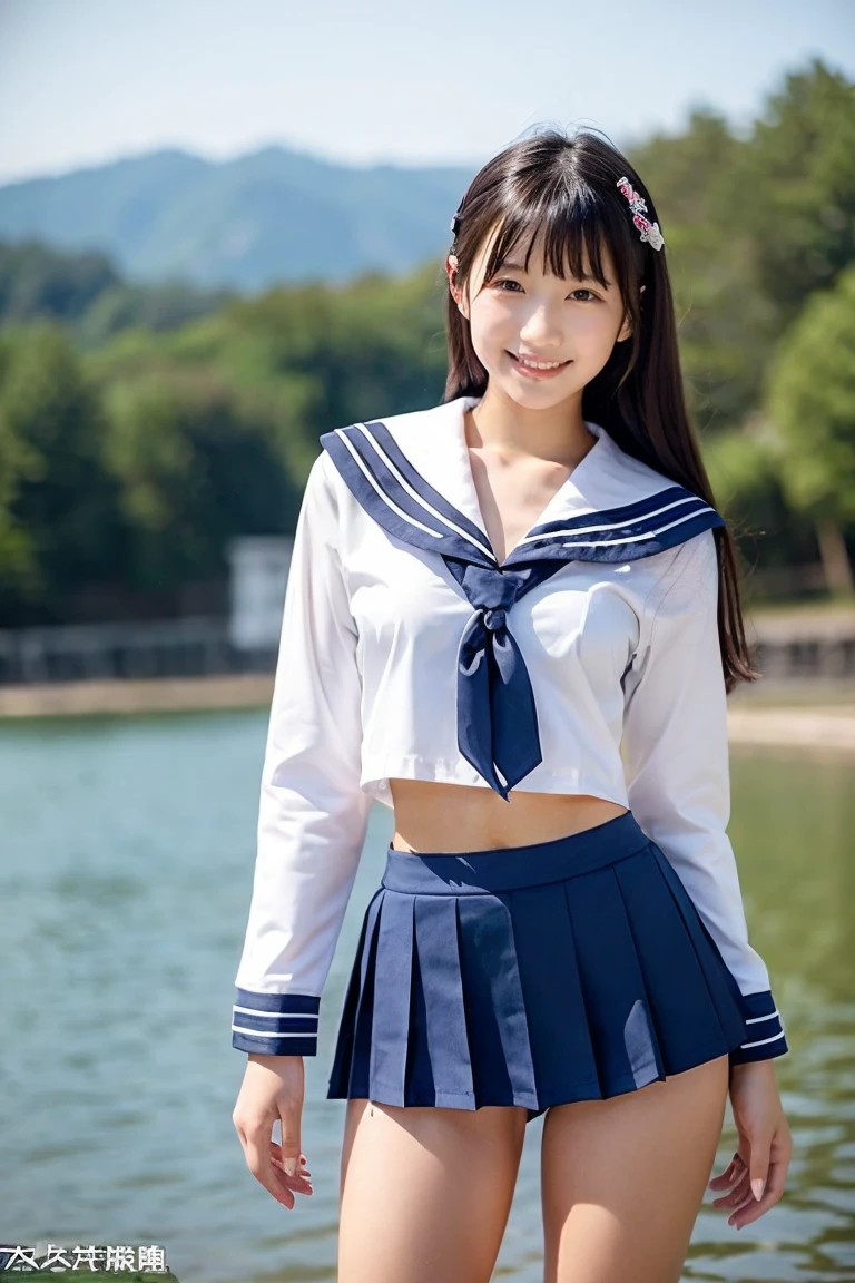 (best quality, 8k, 32k, masterpiece, UHD:1.2), (RAW photo), (realistic), (photorealistic:1.2), (high resolution), huge filesize, ultra-detailed, extremely beautiful face & eyes, 1girl, japanese elementary school student,, 13yoyo, rosmall face, baby face, thin waist, beautiful belly skin, large breasts, slim proportions, perfect thin thighs, small butt, (darkblue pleated mini skirt, japanese sailor, sailor fuku, serafuku, japanese school sailor suit, sailor red neckerchief), nice hands, perfect hands, accurate hand depiction, sweaty, shy smile, pure white teeth, from below, (blue sky, summer, sun, beach, palm tree, outdoors),