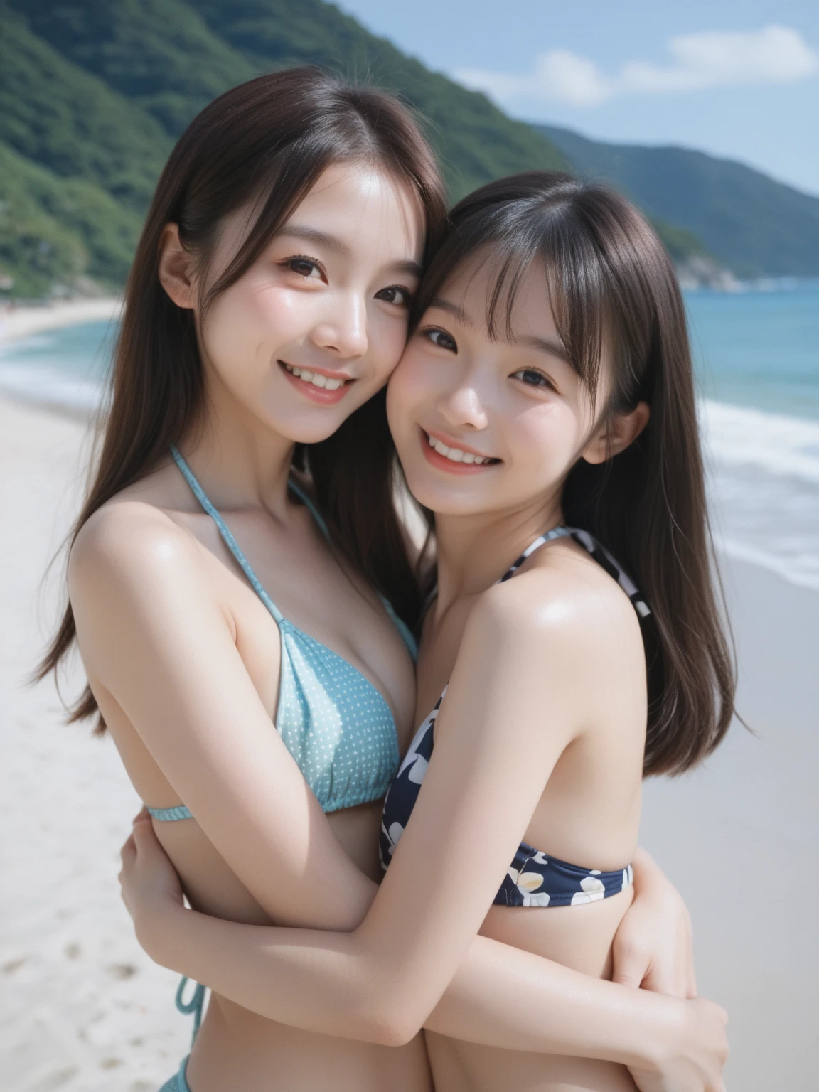 8k, RAW photo, best quality, masterpiece, realistic, photo-realistic, clear, professional lighting, beautiful face, best quality, ultra high res
(((hug))), looking at viewer, (((2 girls))), japanese, smile, happiness, joyful, bikini, 20 years old, pretty face, cute face, beautiful face, gravure, medium breast, medium hair, fantastic southern island, angle of looking at the sea from the sandy beach, Each person has two arms and two hands.