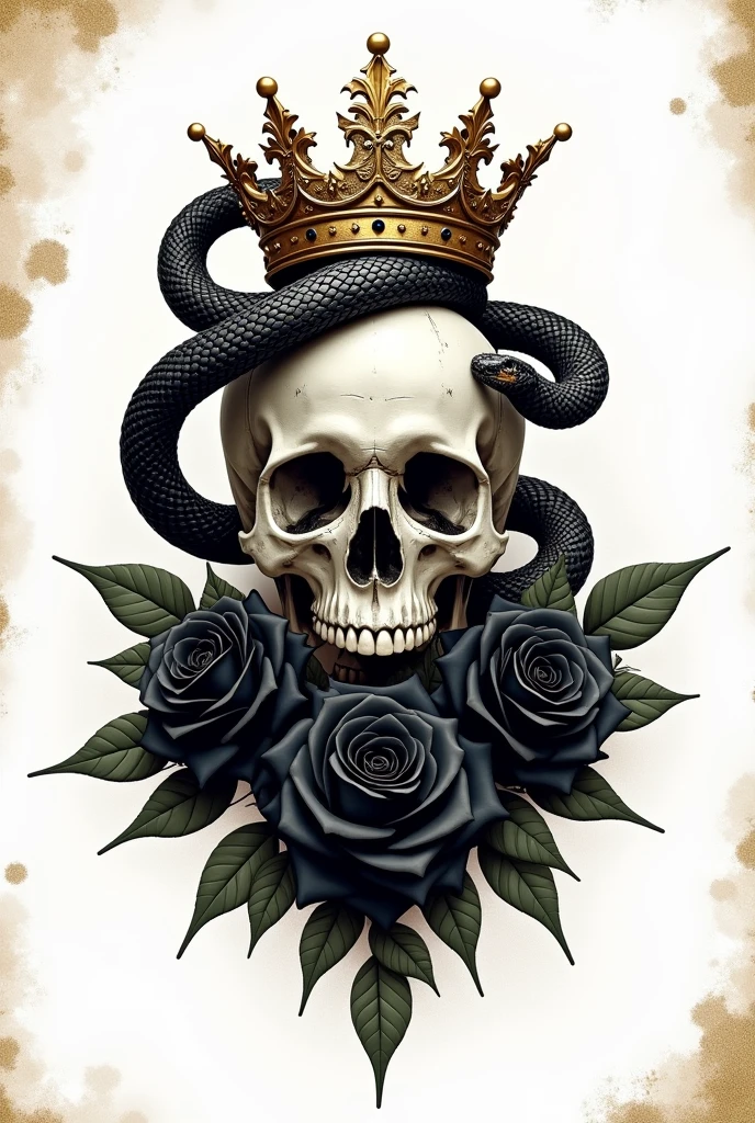 Draw me easy graphic tattoo design with these emojis "💀🌻🐍🕸👑" the 🌻 need to be 💀 mouth and 👑 on 💀 head with big 🐍 head Open its mouth and threaten