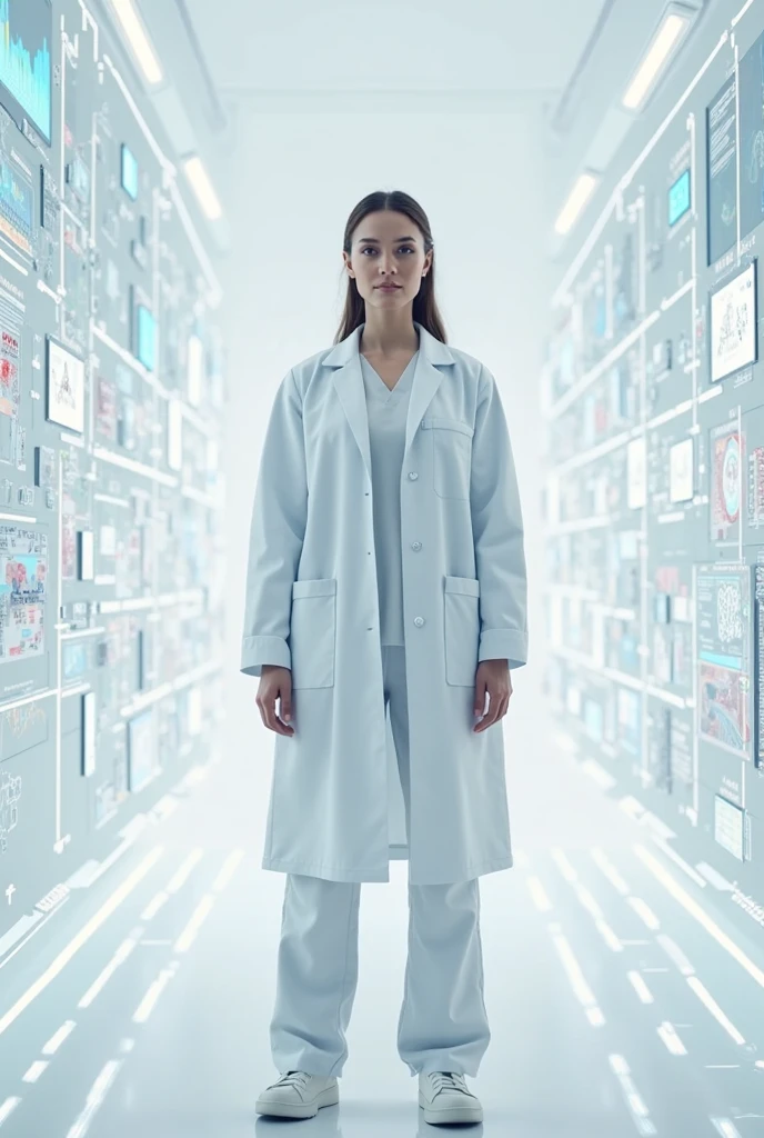 ((A male space scientist in white clothes wearing glasses )),Conversation in the hallway with a female astronaut who is holding a holographic clipboard
