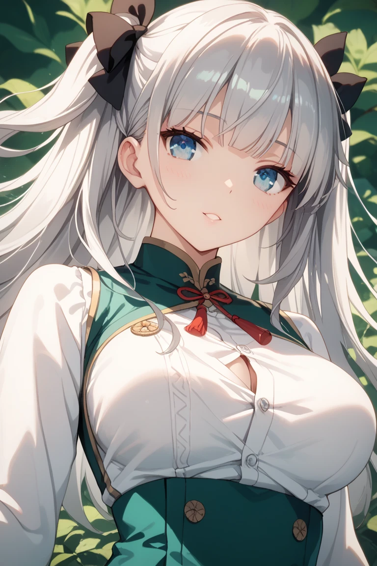 Adult woman, long white hair, green eyes, wide neckline, plunging neckline, smile, hanfu, masterpiece, high quality