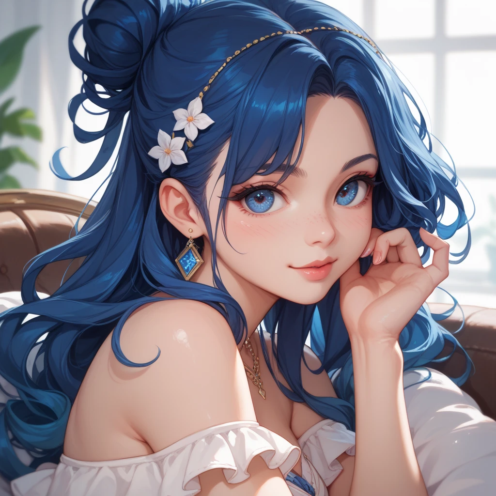 masterpiece、highest quality、High resolution、High-quality images、8k, 1 female、Skin Radiance、Texture of skin and clothing、Expression of fine eyes、Shiny dark blue hair,Girl with long braided hair, Manga inspired by Lee Jong-suk, Trending on deviantart, realism, detailed manga style, Manga art style, Perfect Line Drawing, Beautiful line art, digital manga art girl, K-POPアイドル, one piece,Large Breasts,Beautiful dark blue eyes, Lips become thicker, Gorgeous face with attention to detail, (Cute Smile), charm, Innocent, Side view, (Perfectly detailed face), (Beautiful Hands) Photorealistic images, Written boundary depth, Princess Hairstyles, make ,Romanticism,