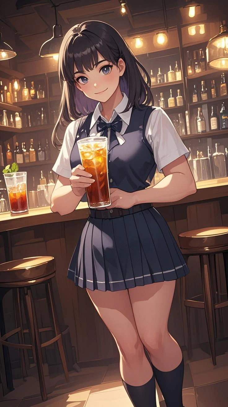 ((masterpiece,best quality)), highres, extremely detailed 8K wallpaper, depth_of_field, best shadow, (Colorful),(Delicate eyes and face), nice hand, Perfect hands, volumatic light, Ray tracing, BREAK
(1girl in), touko, black hair, long hair, black eyes, slender, skinny, medium breasts, open mouth, smile, blush, BREAK,
(wear white school uniform top over black playboy_bunny leotard:1.3), (sailor collar:1.5), (red tie:1.3), (white fake animal ears), (Parted clothes at the top and bottom:1.3), (short sleeves:1.1), (black BunnyGirl Costume:1.2), (fishnet stockings:1.2), High heels, (rabbit_tail:1.2), BREAK,
(Cowboy Shots and knee), Looking at Viewer, stomach focus, night bar, counter, (((night time))), Ultra detailed backgrounds, ((dark backgrounds)),