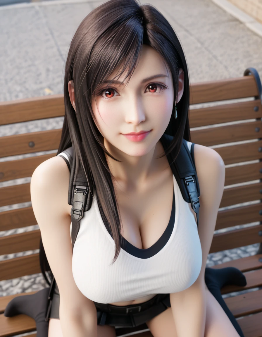 (top quality, masterpiece), (((FF7,Tifa_lockhart))), (((suspender, tank tops, A dark-haired, length hair, elbowgloves))), ((Beautiful detailed red eyes)), (Beautiful highlights of red eyes)), Facial light, navel, High exposure, Exposure of the abdomen. ribs, abs, (solo,Tifa:1.2), (autumn,walking, outdoor),(cute pose:1.3),Ultra-detailed face, (((FF7,Tifa_lockhart))), (black brown hair, big breast: 1.5), about 18 years old,kawaii,smile:1.1,