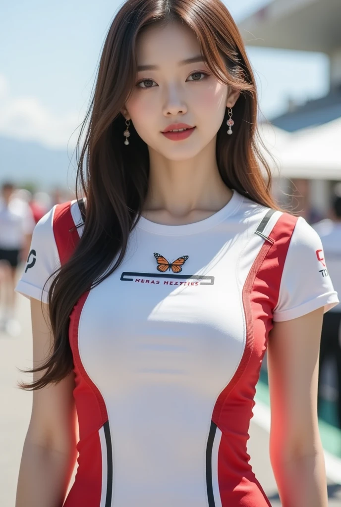 (8K, Raw photo, Best Quality, Mastepiece:1.2), (Realism, Photorealistic:1.37), Ultra-high resolution, 1 Girl, 18 years old, (Idols:1.4), (Famous actresses :1.4), (Beautiful detailed face:1), Bangs,  (Multicolor floating hair), Skin Dentition, Light makeup, (Beautiful big breasts:1.3), (Sparkling Skin:1.1), Shiny skin, Long limbs, Slim, Hanging breasts:1.3, Narrow waist, Medium Hips, Thin legs, Slim太もも, Dynamic Lighting, Sexually suggestive faces, Glossy texture, Lipstick, V-shaped eyebrows, V Line Jaw, Looking at the Viewer, (Long Hair:1.3), (Perfect Face:1.4), ((Strong winds)), Flowing hair, audience, (A shy smile:1.3), blue sky, (((Monte Carlo Street Circuit))), (((Racing Car))), (((Racing Bike))), ((Promotion Girl:1.3)), ((Grid Girls:1)), Pink Lips, Light makeup, (Detailed promotional costumes are intricately worn:1.10), Lace-up boots, Short sleeves, Cropped tops, ((Short jacket:1)), (Tube Top Bra:1), Knee-high, (((Nylon short-sleeve jacket with many logos))), (Glitter Long Nylon Pleated Skirt), Small Ass,  ((Promotional wear with logo)), (((Red and white glitter promotional wear))), Fingerless gloves, Black Hair, Brown hair, Red Hair, Blue Eyes, (Sweat Drop:1), (Movement angle), Walking,  audience,