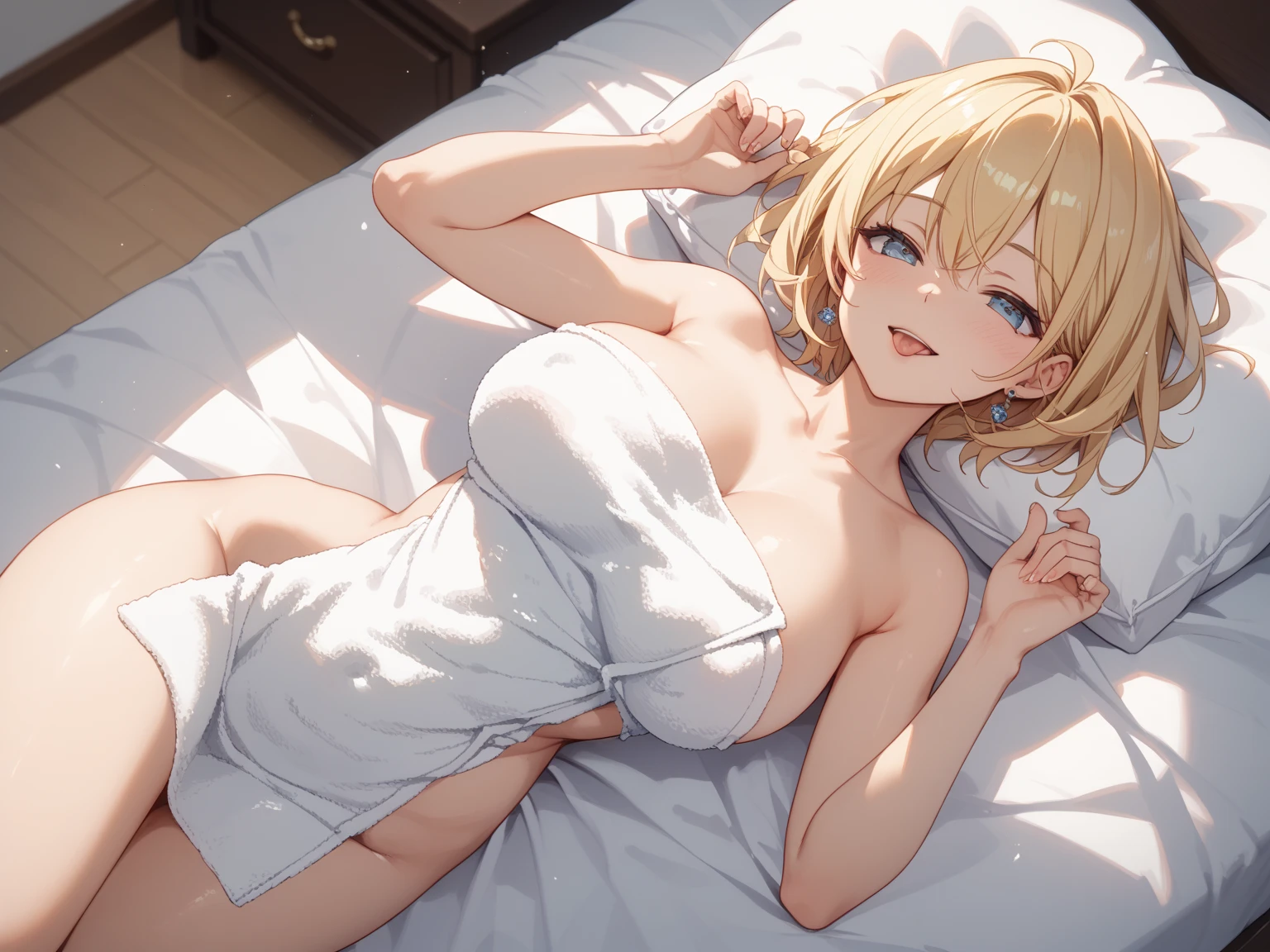 blonde, short hair, girl１, sleep in bed, (White sheets), (White pillow),close up of face, completely nude, [[pale purple eyes]],