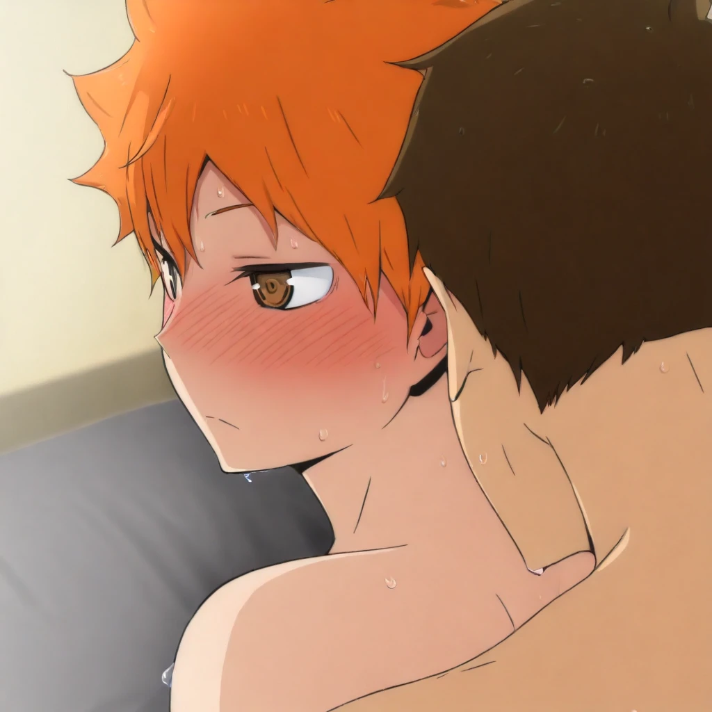 a boy, shy, full body view, skin fair, lain, Red hair (kinda dark) and messy ones that hit the shoulder, Eyes looking down, head down, mouth covered with semen, arms shrinking, femboy, fluffly, pouting, being penetrated from behind by a man, anal sex, sweating, wet hair on face, cum dripping from his dick, gasping face, oral sex, anal sex, foaming cum in mouth