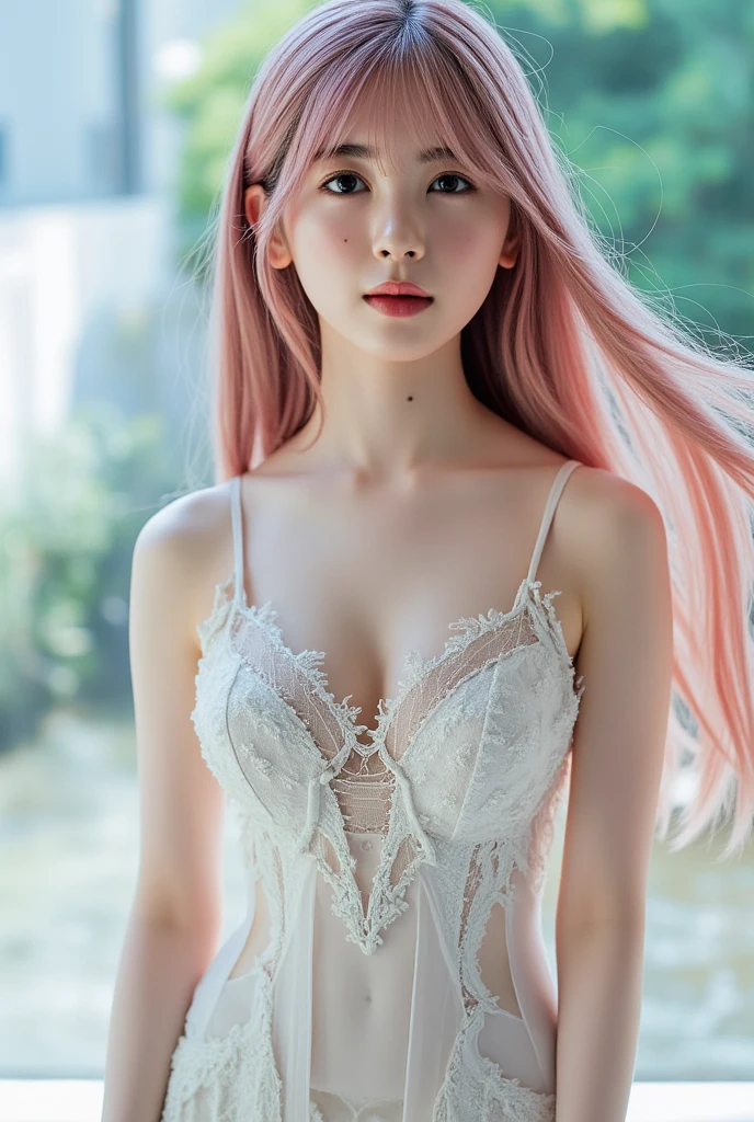 G-cup,Sexy appearance, Wear a white transparent bikini,Strapless design,Long pink hair,Bigger eyes,In crowded subway cars,Cold white skin,Smooth skin,The bridge of the nose is a little higher,There are lying silkworms,stare