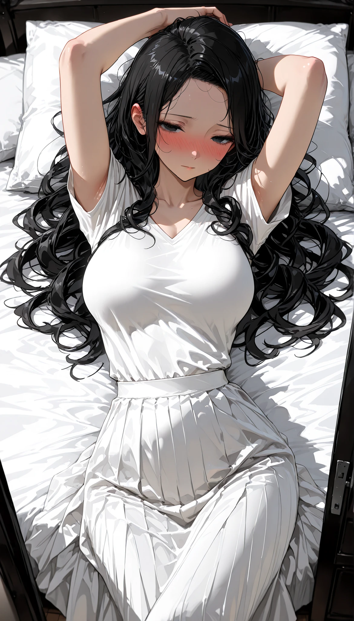 Premium, masterpiece, ultra-precise, ((Premium, masterpiece:1.3)), (sharp focus, Gentle eyes), (Beautiful mature woman with a perfect body), (black eyes), (Long hair with dark black natural curls, The ends are slightly curled, giving a soft and lovely impression. no bangs, forehead), (U-neck white t-shirt, white long skirt), (lying on a bed in a bedroom in a stylish family home.), full-face blush, medium big , Half-open eyes . and put your arms behind your head, with a shy expression.