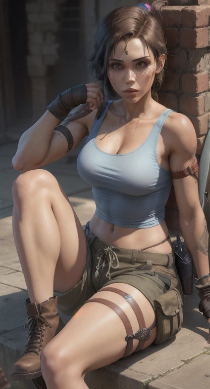 gwen tennyson,tracer,rebecca chambers,lara croft,resident evil,green eyes,garter belt,teenager,short hair, orange hair,river,shy smile,blush,white see-through leotard,denim micro shorts, freckles, blush,beautiful girl,wet clothes,thigh high socks,top-quality,large breasts,ultra detailed,realistic,