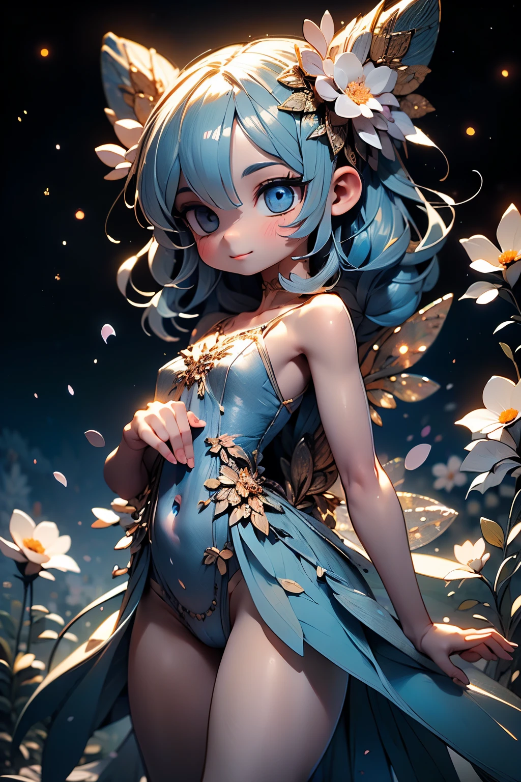 Nahida, children, flat chest, full body, thick thigh, holding skirt up, short dress, short skirt, cute panties, chemise, high-waisted skirt, good eyes, Smiling softly, underwear, perfect body ratio,HD lighting and dark )<=(epic image quality)dark atmosphere with bright particle light(many effects in background